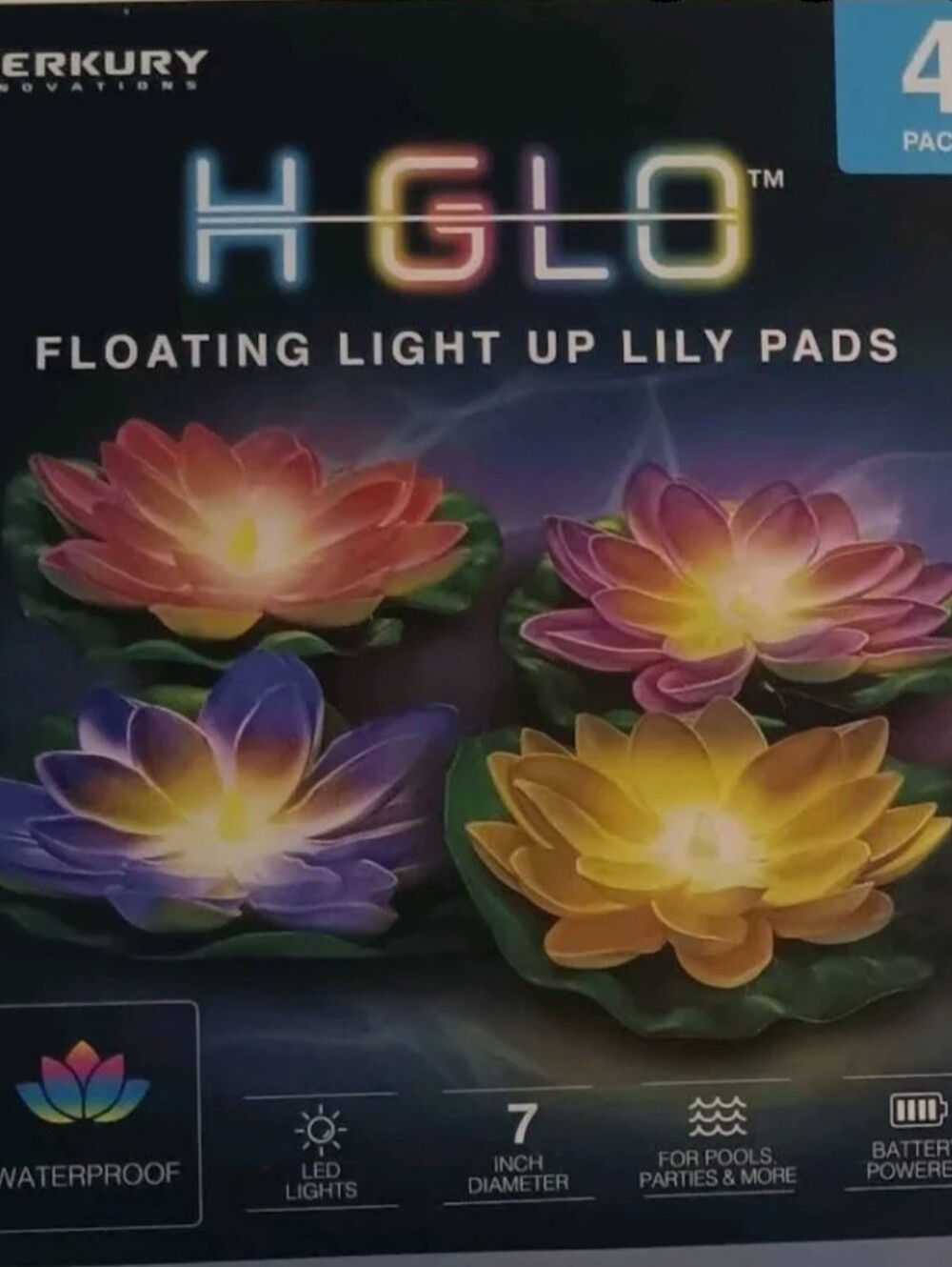 Merkury 4pk 7” Floating LED Lily pads lights for Ponds & Pools NIB